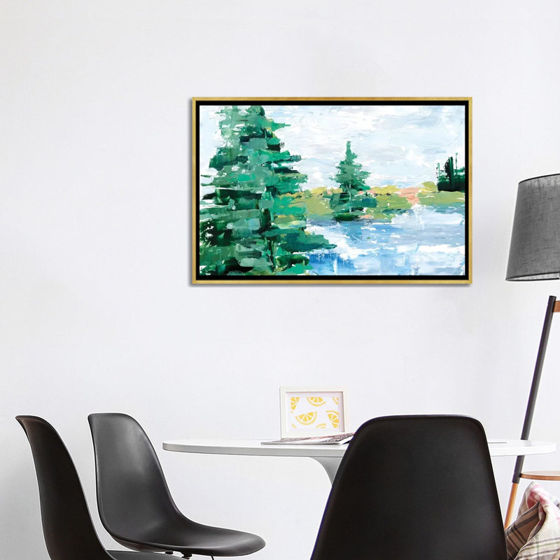 «Evergreen Lake I» par Ethan Harper - reproduction d'art, H 26 po x l 40 po x 1,5 po, Toile encadrée d'or, Pas de tapis