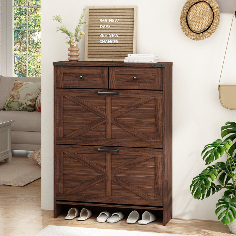 Farmhouse 16 Pair Shoe Cabinet with 2 Storage Drawers, Rustic Brown