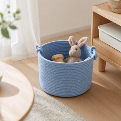 Panier de rangement rond en corde de coton tressée 24 x 18 cm avec poignées en forme de 8 - Décoration murale pour jouets, vêtements et autres petits objets.