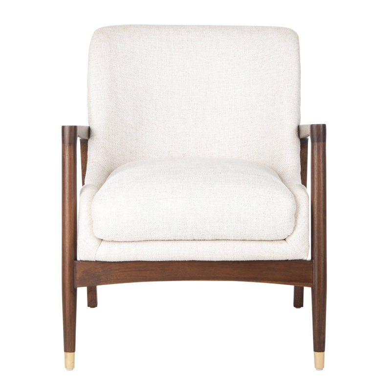 Scandinavian Cream Linen & Wood Transitional Accent Chair with Brass Tips