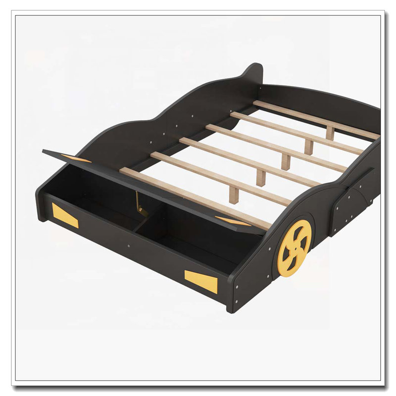 Lit plateforme avec roulettes et rangement Race, Noir / Jaune, Lit double