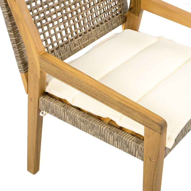 Ensemble repas d'extérieur - Table Stamford en bois d'acacia de qualité supérieure et chaises en osier avec coussin crème pour une expérience culinaire confortable, convient aux grands rassemblements (1 table + 4 chaises)
