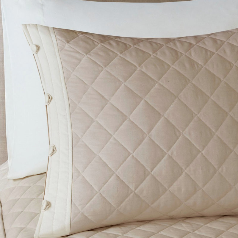 Couvre-lit réversible en coton kaki pour grand lit avec détails décoratifs 4 pièces