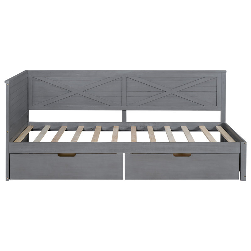 Lit de jour simple en bois avec 2 tiroirs et garde-corps rustique, Gris