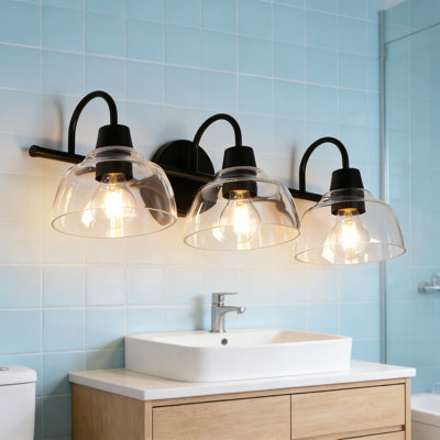 Luminaire de meuble-lavabo 3 lumières, applique murale de style campagne moderne avec abat-jour en verre transparent, finition noire pour l'éclairage au-dessus d'un miroir, homologué ETL