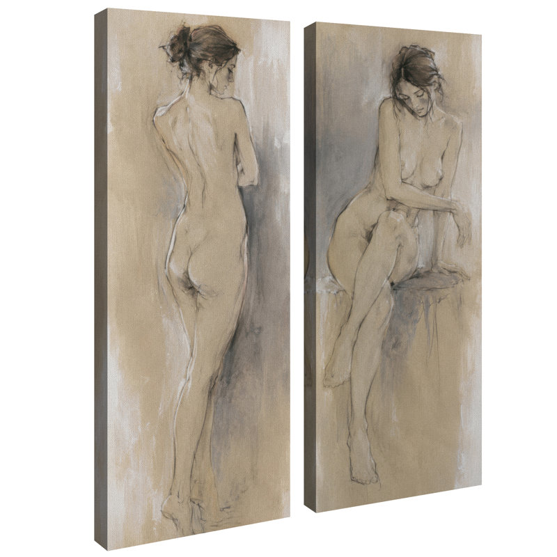 Décor minimaliste figuratif représentant une figure féminine neutre – Ensemble de 2 impressions sur toile 32 po x 12 po x 2