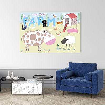Farm Animal Friends Playful Whimsical Abstract Bird Cat Cow Forest Landscape Wall Art Print