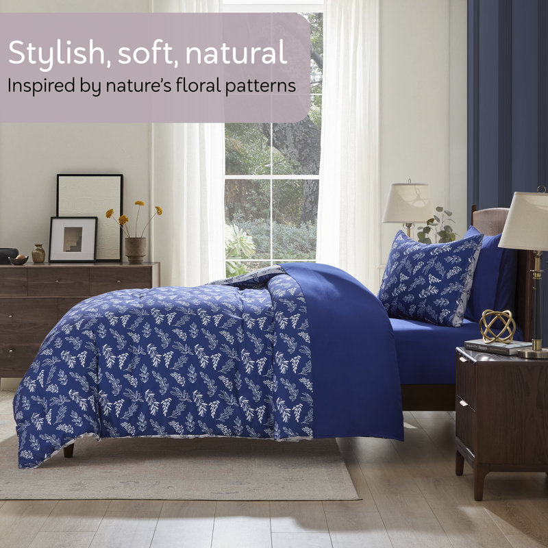 Nestl Botanical Bed in a Bag 5 piece Comforter Set with Sheets & Pillow Shams, Majestic Blue/Lunar Gray