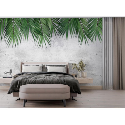 Green Tropical Palm Leaves Concrete Wall Mural for Home Decor