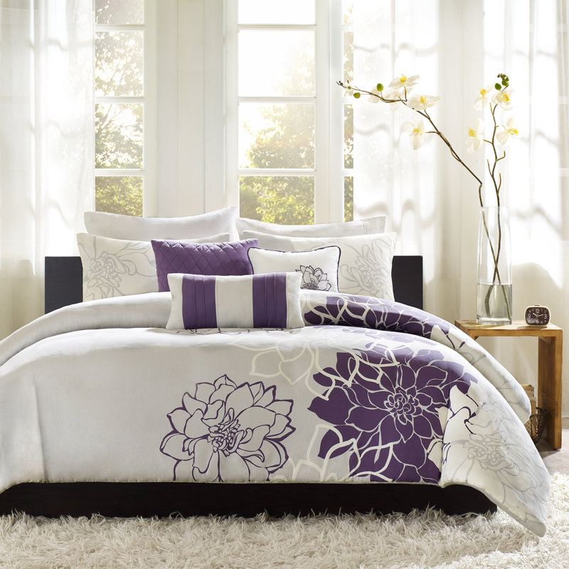 California King Gray and Purple Floral Cotton Comforter Set