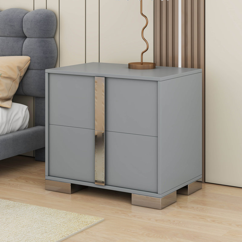 Table de chevet de luxe avec 2 tiroirs de rangement, table de chevet simple et généreuse avec poignée, Gris