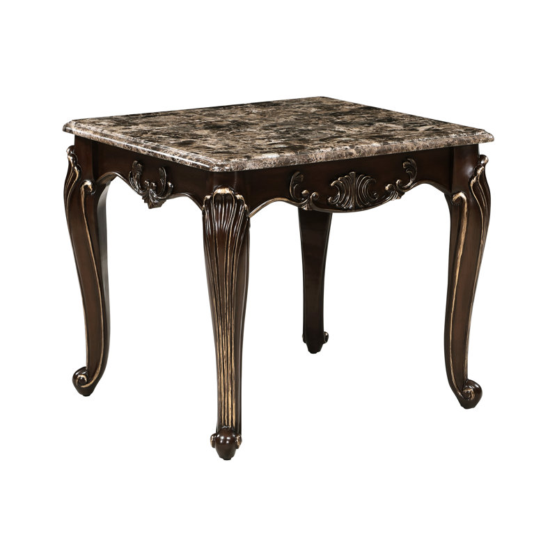 Table de bout en marbre de luxe traditionnelle formelle de 1 pièce avec finition cerisier et garniture dorée, forme rectangulaire, pied classique, détails en faux bois de style assemblage simple, requis