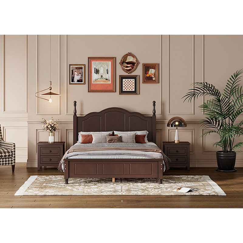 Structure de lit plateforme en bois, lit plateforme de style rétro avec support en lattes de bois, Noyer