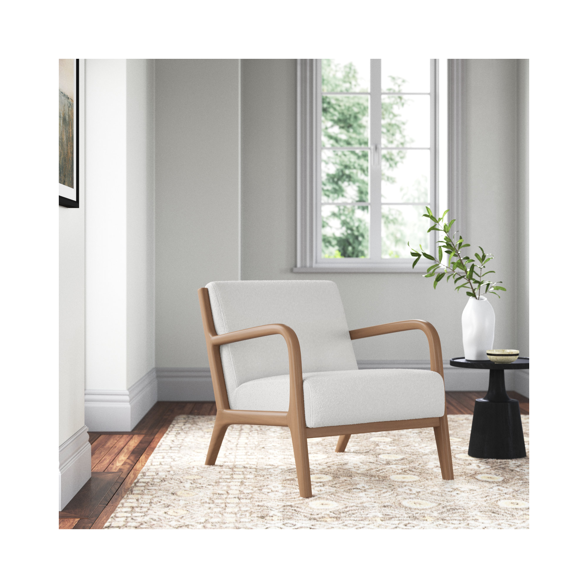 Arli 26"W Upholstered Armchair - NEMA Lounge Chair – Natural White Oak Wood Accent Chair with White Bouclé Upholstery, Modern Scandinavian Armchair for Living Room & Bedroom and Offices