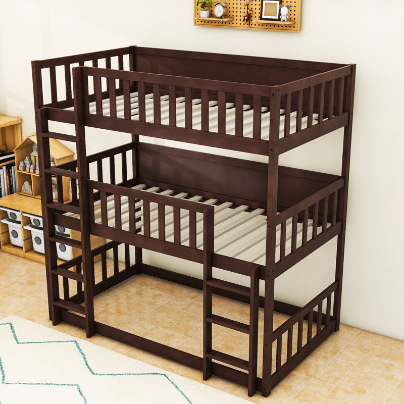 Triple Twin Wooden Bunk Bed With Built-In Ladders