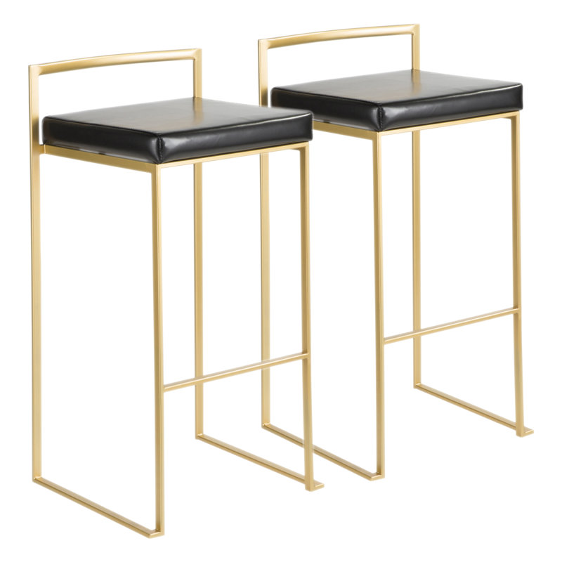 Fuji Contemporary-Glam Barstool In Gold With Black Faux Leather By Lumisource - Set Of 2, Black