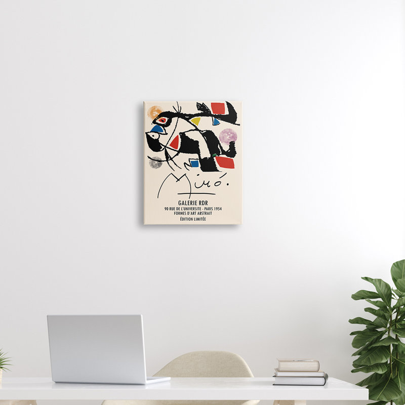 Miro, peintre abstrait traditionnel, motif géométrique, bleu, rouge, H 20 po x l 16 po, Giclée encadrée noir minuit