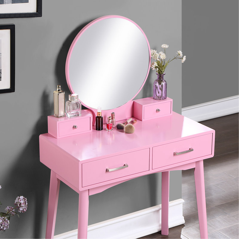 Pink Wood Dressing Table And Stool With Legs Cushioned Top Vanity In - Stylish Metal Glide Seating, Pink