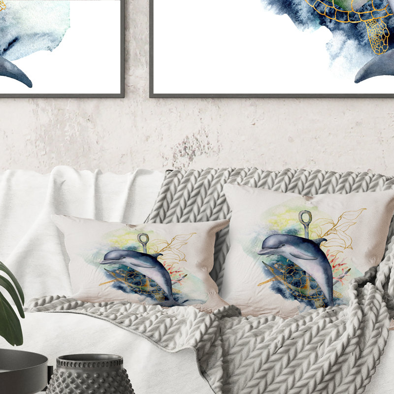 Housse et insert de coussin rectangulaire Dolphin Turtle Anchor and Linear, Bleu/Gris