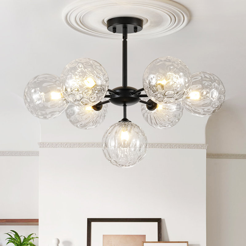 Plafonnier semi-encastré sphère spoutnik 7 lumières en verre martelé