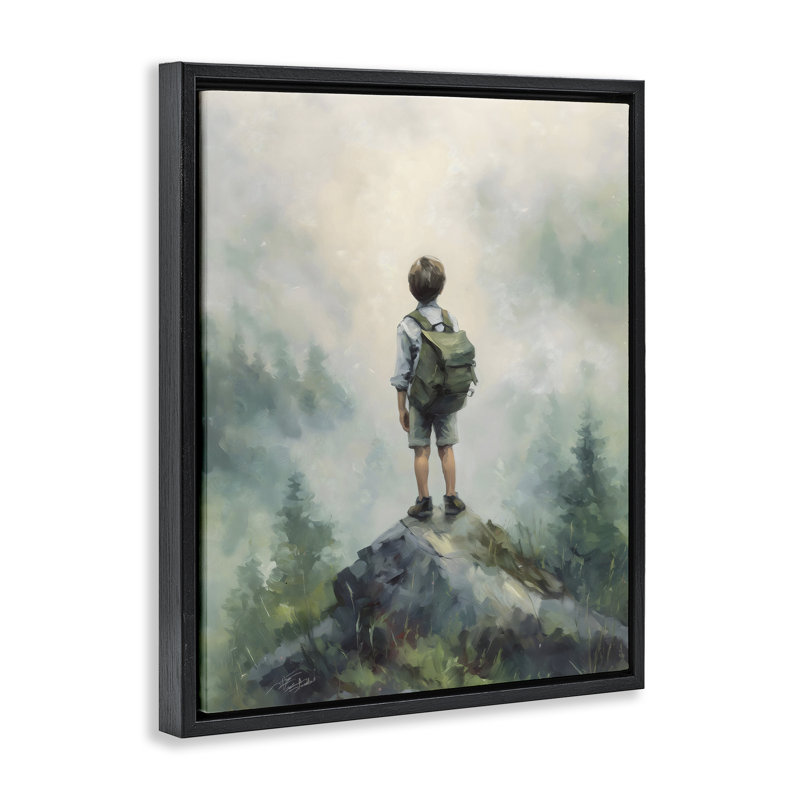 Cadre flottant Boy Adventurer au sommet d'une montagne, design par Arlington Prints, Cadre flottant noir de jais
