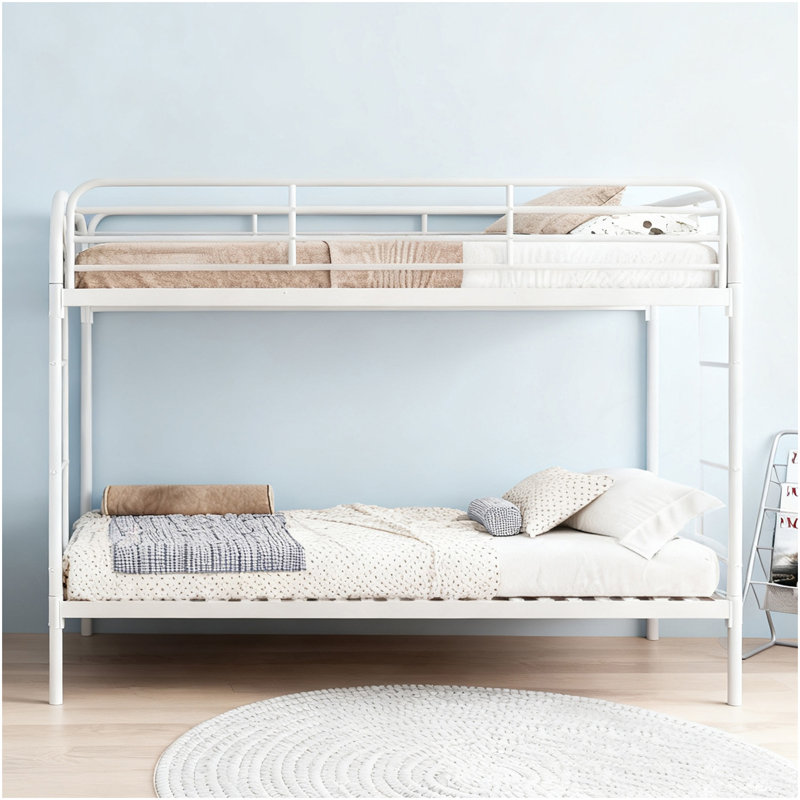 Lit superposé en métal simple au-dessus de simple, lits superposés robustes avec 2 échelles et garde-corps pleine longueur, aucun sommier requis, assemblage facile, blanc