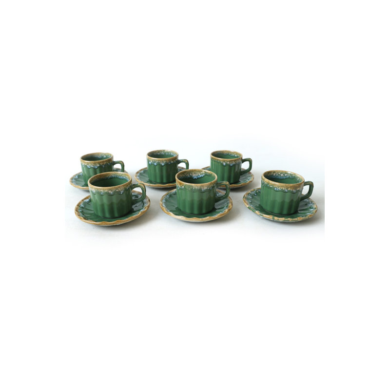 Ensemble de 12 tasses à thé, grès céramique vert, 6 tasses à thé (6,9 oz) et 6 soucoupes (5,5 po) | 100% antibactérien, écologique, facile à nettoyer, va au lave-vaisselle et au micro-ondes | Parfait pour les amateurs de thé et les réceptions