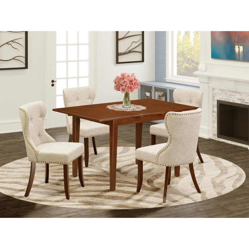 5 Piece Dinette Set Includes a Rectangle Dining Table with Butterfly Leaf and 4 Doeskin Linen Fabric Parson Dining Room Chairs, Mahogany