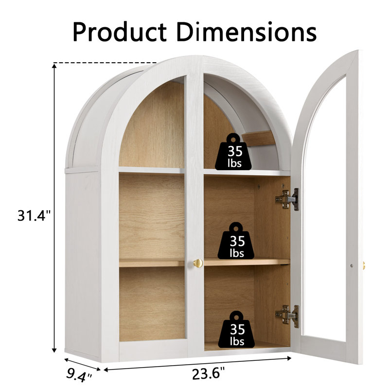 Modern Arched Cabinet Wall Mount with Adjustable Shelf & Glass Doors, White, White