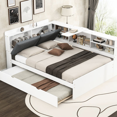 Full Size Wood Platform Bed In White With Trundle, Headboard Storage, And Extra Shelves - Versatile Choice Shelves, Storage Space Optimization