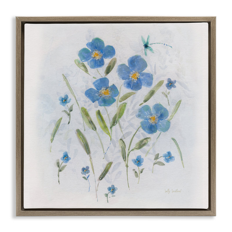 «Dragonfly & Blue Florals», art mural encadré par Sally Swatland, H 25 po x l 25 po, Cadre flottant orme Montalcino
