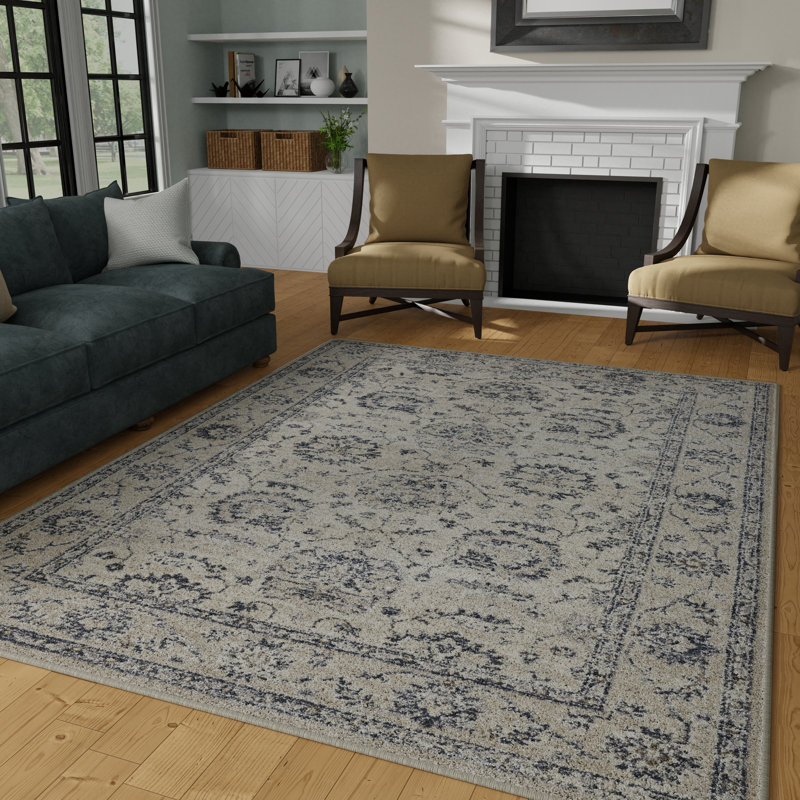 Tapis oriental en polypropylène tissé à la main en crème / gris, Rectangle 6 pi 7 po x 9 pi 2 po