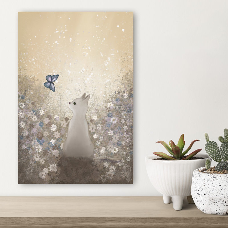 Curious Cat Butterfly Abstract Contemporary Butterfly Bird Cat Summer Flower Wall Art Print 1 Piece Wrapped Canvas Wall Art