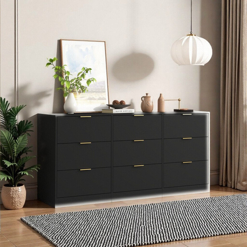 Commode 9 tiroirs 63 pouces, grande armoire de rangement avec tiroirs profonds, Noir, noir, noir, noir