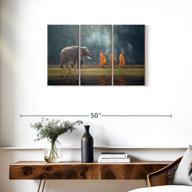 Brampt Elephant And Buddhist Monks, 20" H x 33" W