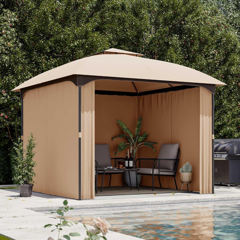 Pavillon de jardin 10 'x 10' avec auvent et rideaux, Kaki