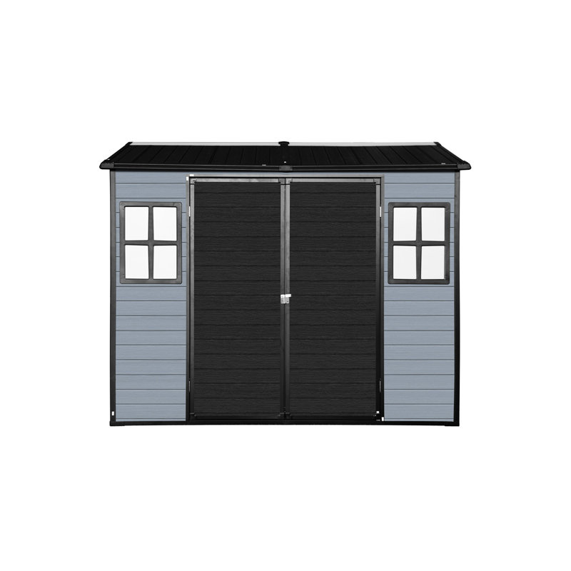 Remise extérieure en résine 8 po x 4 pi avec plancher, 2 fenêtres, porte verrouillable, adaptée aux outils de jardinage et aux poubelles, gris et noir, corrosion, structure en acier galvanisé, rangement en plastique et deux