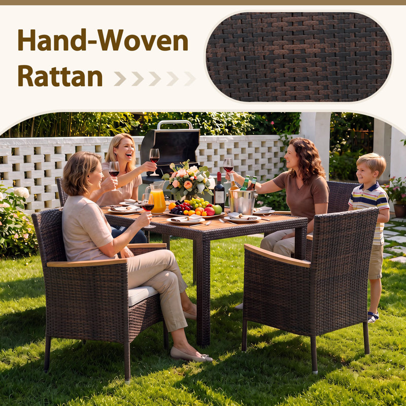 Ensemble repas d'extérieur 4 personnes avec coussins Autymn, 4, Brun