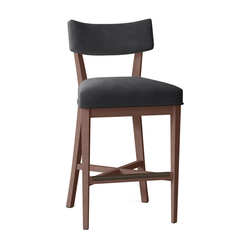 Juliet Upholstered Stool with Solid Wood Frame, Walnut, Perigold Piccadilly Stripe Ash, Bar Stool (29.5" Seat Height)