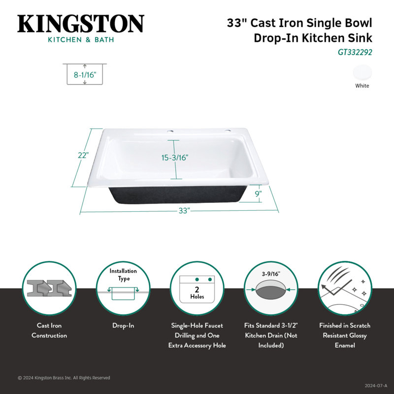 Évier de cuisine encastré à simple cuve en fonte 33 po Kingston, 2 trous
