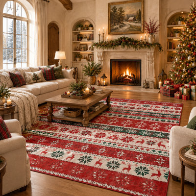 Tapis de Noël à motifs de rennes et de flocons de neige, à poils courts, lavable et avec envers antidérapant en TPR