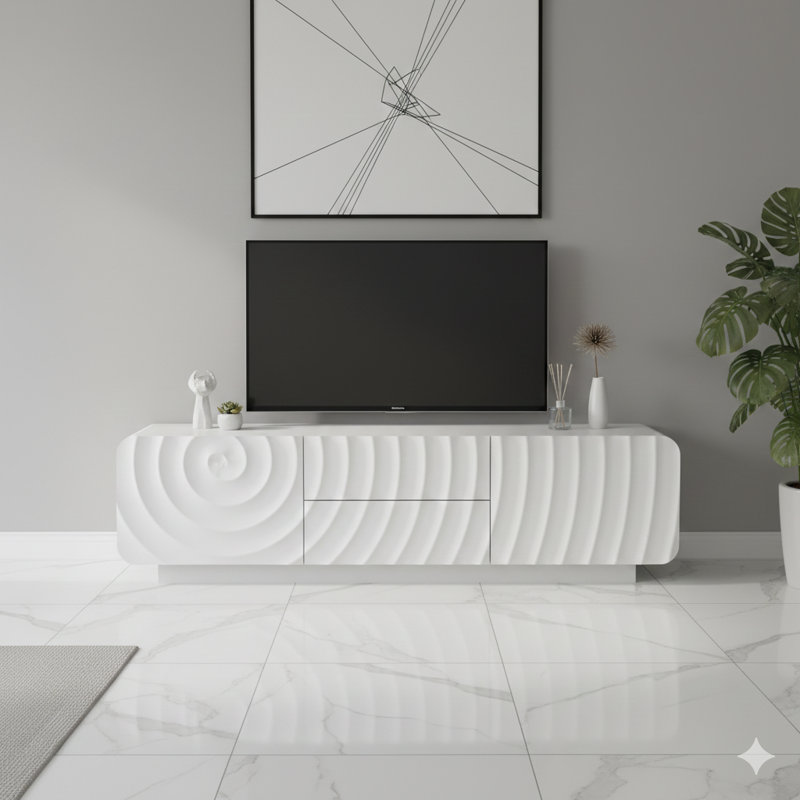 Console de télévision de 58 pouces avec un design moderne en spirale ondulée unique, avec une armoire de rangement et deux tiroirs. Un meuble télé adapté aux salons ou aux chambres à coucher, disponible en blanc.