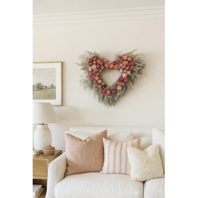 Natural Dried Flower Heart Shaped Wreath with Gypsophilla, Artemisia, and Coral Pink Strawflowers