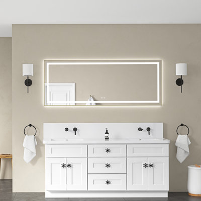Miroir de salle de bain 72 x 28 pouces à DEL avec façade et rétroéclairage, miroir de meuble-lavabo mural avec cadre en aluminium, anti-buée, mémoire, 3 couleurs, réglable en continu