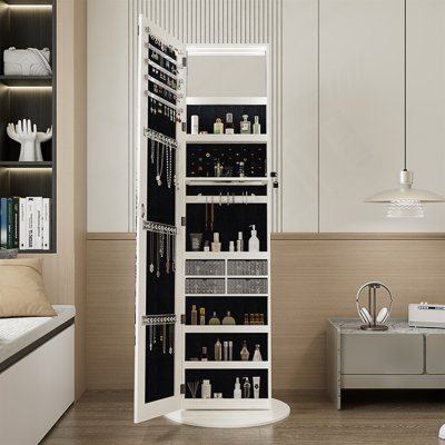 Armoire à bijoux pivotante à 360 ° avec miroir pleine longueur, organisateur d'armoire à bijoux sur pied pivotant à 360 °, armoire de rangement verrouillable, miroir intérieur éclairé