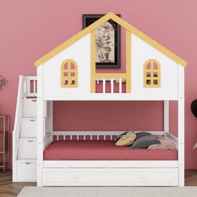 Lit superposé cabane avec lit gigogne et escalier de rangement – ​​Lit mezzanine en bois avec fenêtres, porte et toit (décorable)