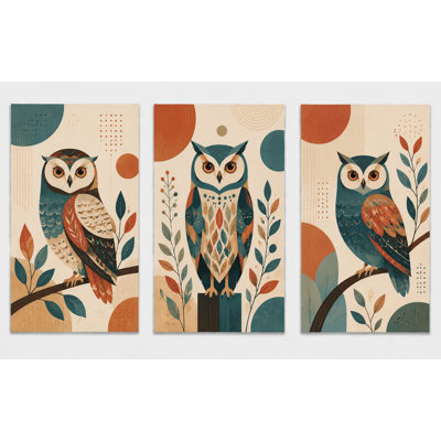 Très grand ensemble de 3 impressions sur toile, hibou