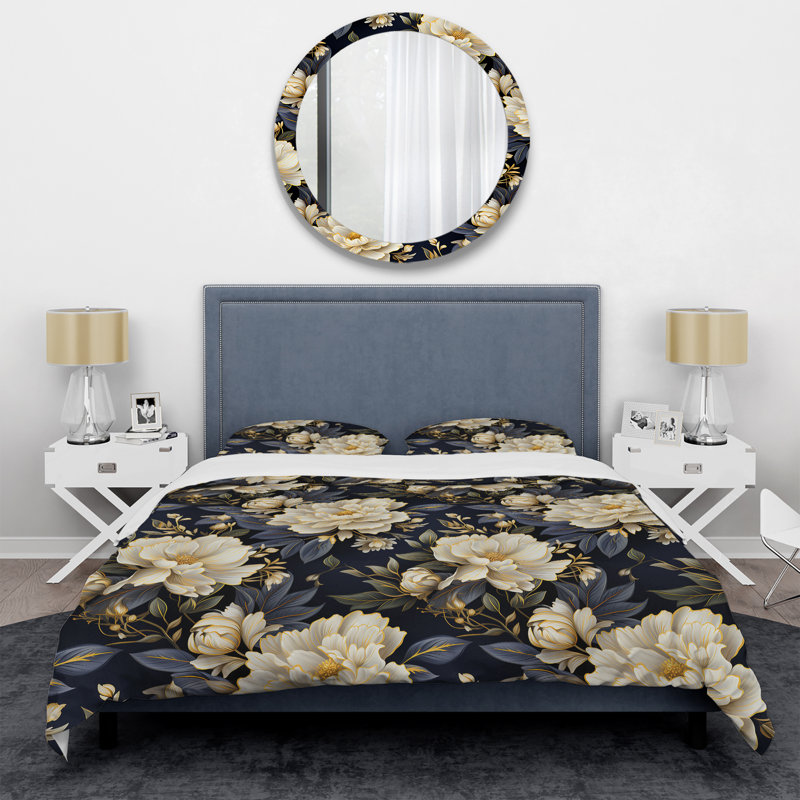 Ensemble de housse de couette en damas beige et bleu, Housse de couette pour grand lit et 2 taies décor