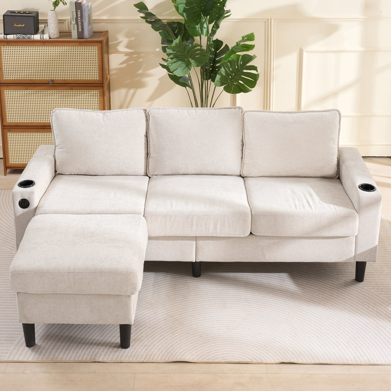L-shaped Sofa Sectional With Usb, Cup Holder , Beige