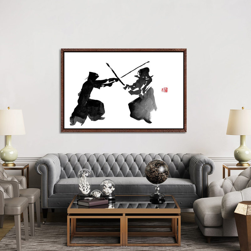 Kendo Fight by Péchane - Painting on Canvas, Classic Brown Wood Framed, 152.5 cm H x 101.5 cm W